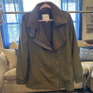 Anthropologie Parka Jacket Coat Womens Size Medium Army Green Moto Sherpa Lined